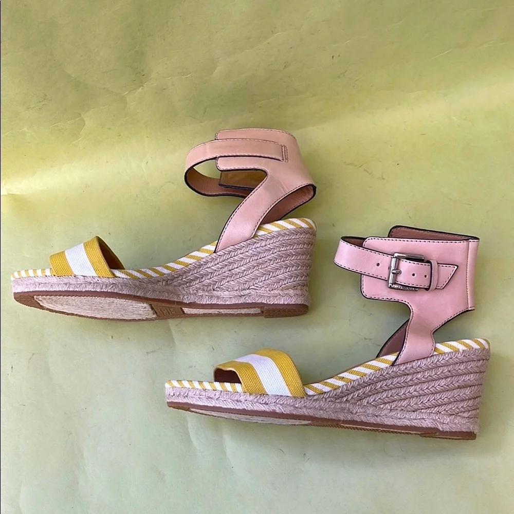 New Coach Yellow and White Striped Canvas/Leather Sandals